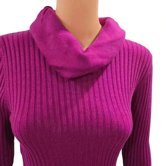 Cozy Ribbed Knit Cowl Neck Sweater Dress - Fuchsia - Picture 3 of 7